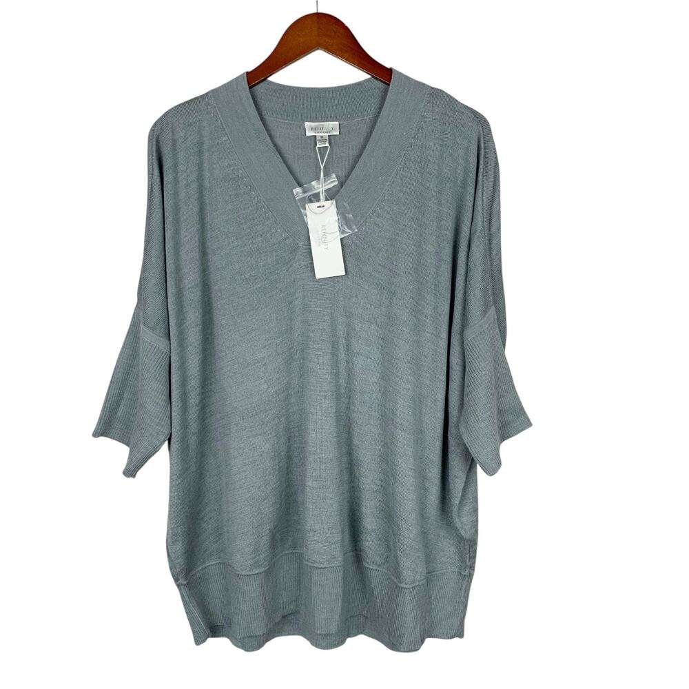 New Refinity Sweater Classic V-Neck Jumper Grey Wool Blend Short Sleeve Womens M